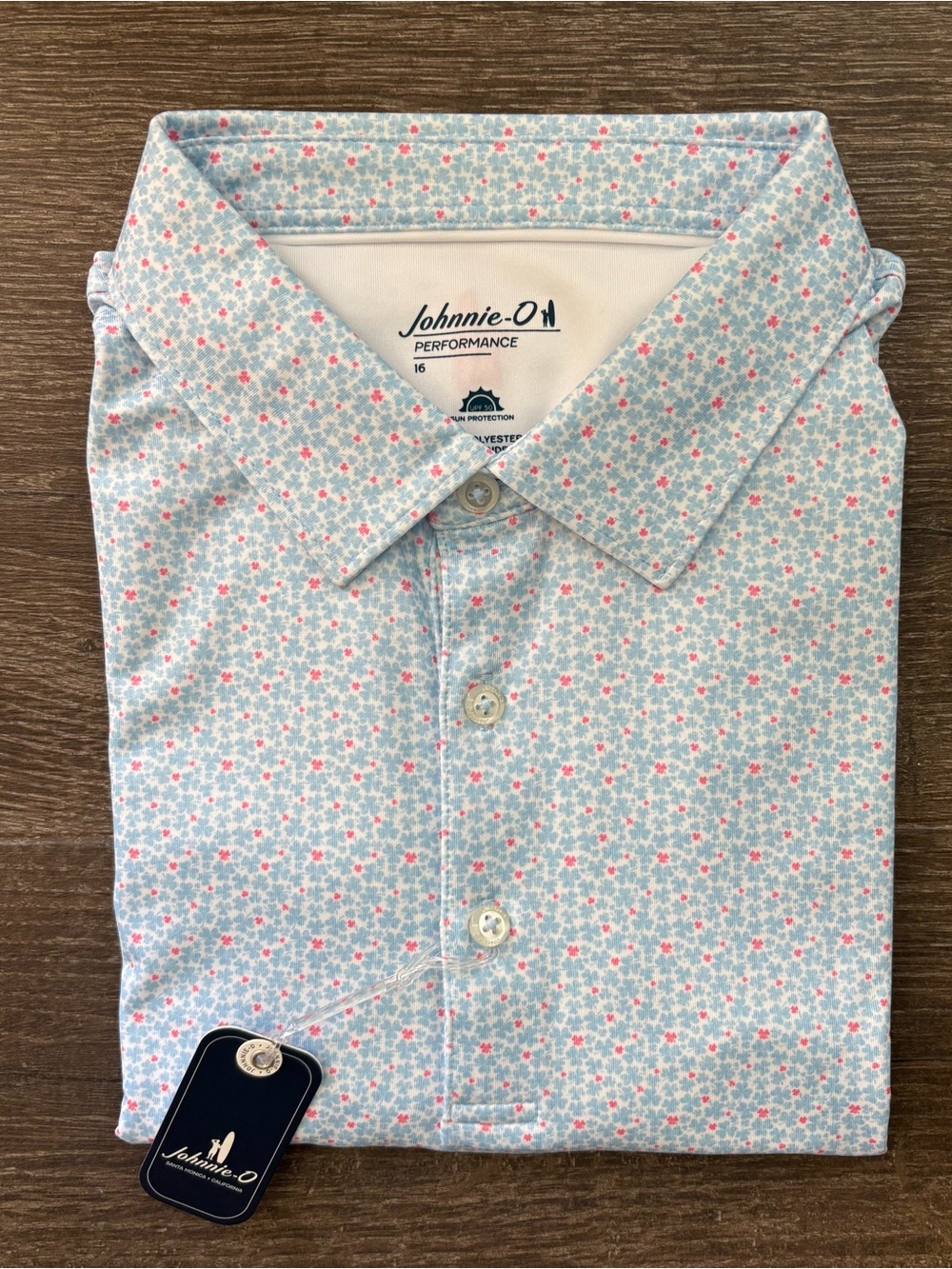 johnnie-O Light Blue Polo with Pink and White Floral Print Boys size 16